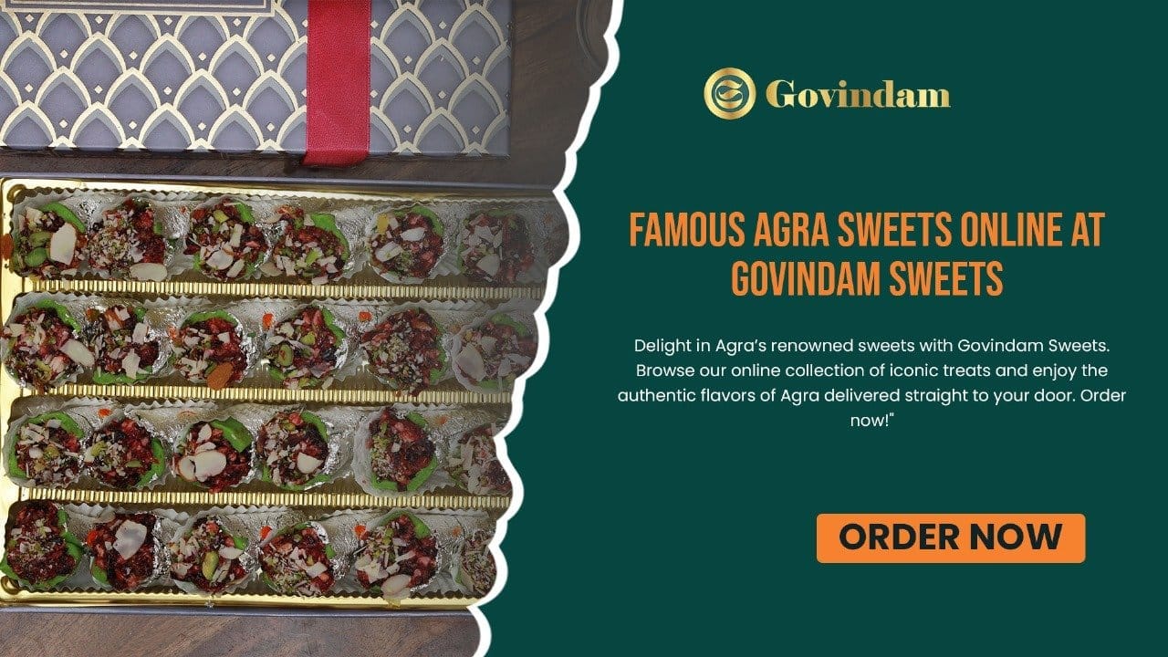 Famous Agra sweets - Petha, Dalmoth, and Mughlai desserts - artfully displayed on marble platter