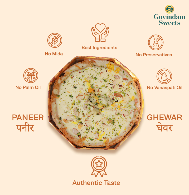 Fresh Paneer Ghewar Topped with Crumbled Paneer – Govindam Sweets Jaipur Close-up of Paneer Ghewar topped with crumbled paneer and dry fruits