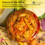 Traditional cauliflower turnip pickle showing vibrant vegetables and spices