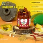 Traditional jar of avakaya pickle with Telugu script details