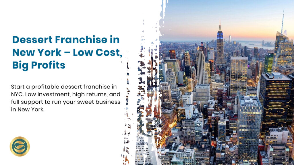 Successful dessert franchise store in New York with happy customers enjoying gourmet treats in a modern café setting