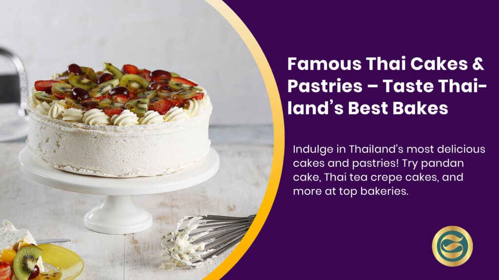 Assortment of colorful Thai cakes and pastries including green pandan cake, orange Thai tea crepe cake, and coconut custard buns