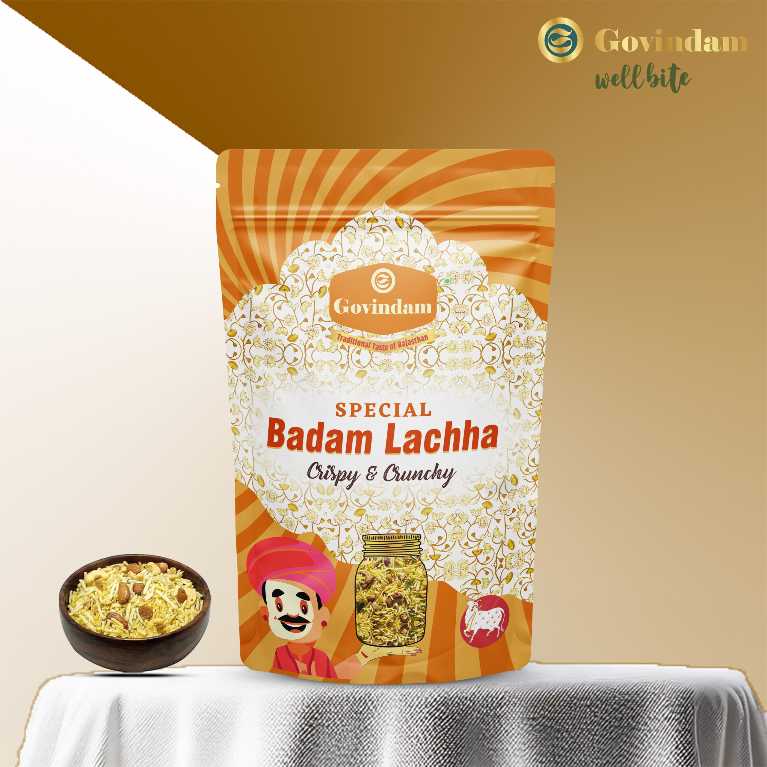 Badam-Lachha-Premium-Wholesale-Bulk-Almond-Namkeen-Govindam Badam Lachha featuring golden crispy almond strips arranged elegantly - premium authentic bulk namkeen snack