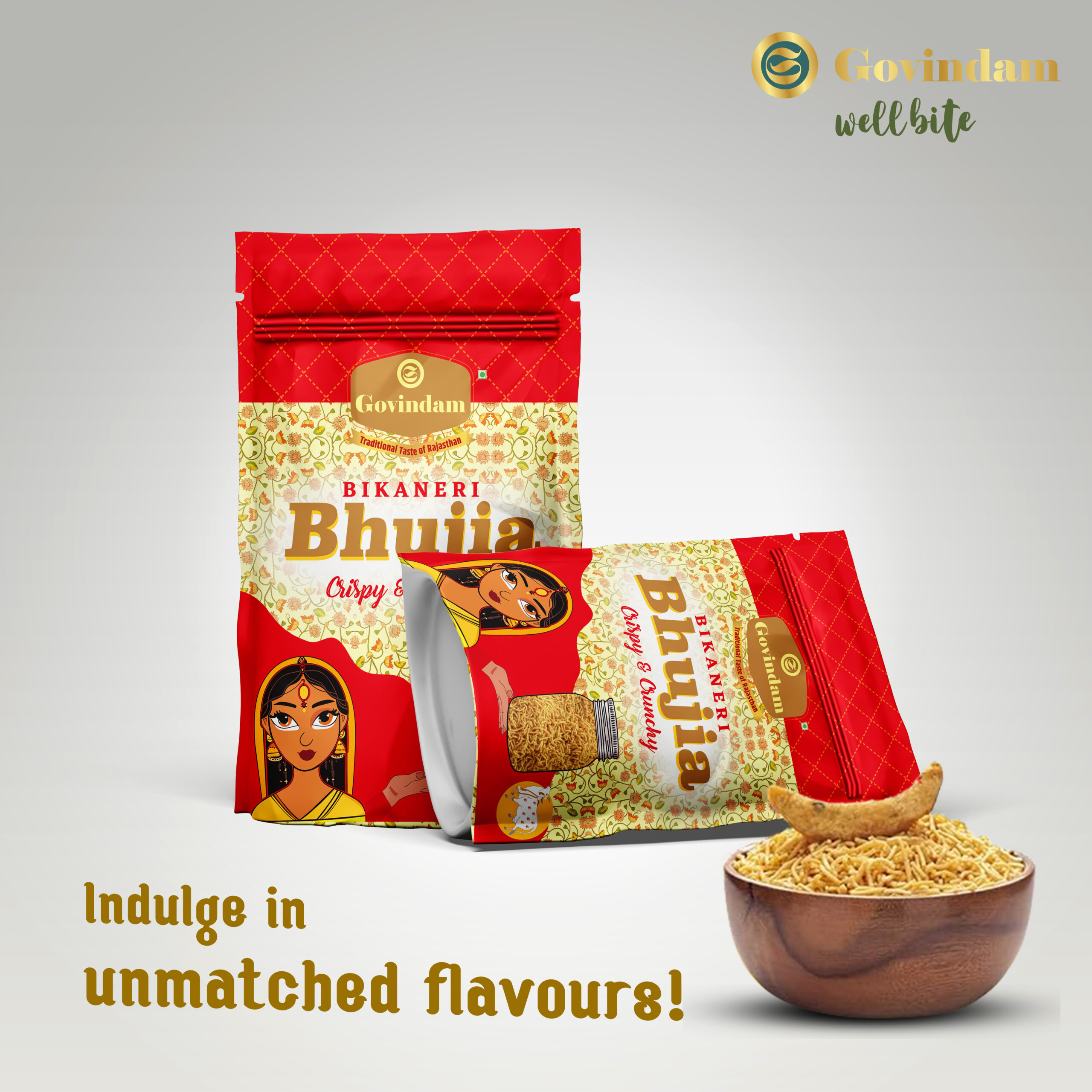 Bikaneri-Bhujiya-Premium-Wholesale-Bulk-Namkeen-Govindam Bikaneri Bhujiya featuring golden crispy moth dal sev strands - premium authentic bulk namkeen snack